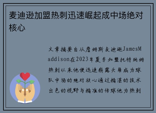麦迪逊加盟热刺迅速崛起成中场绝对核心 麦迪逊加盟热刺迅速崛起成中场绝对核心